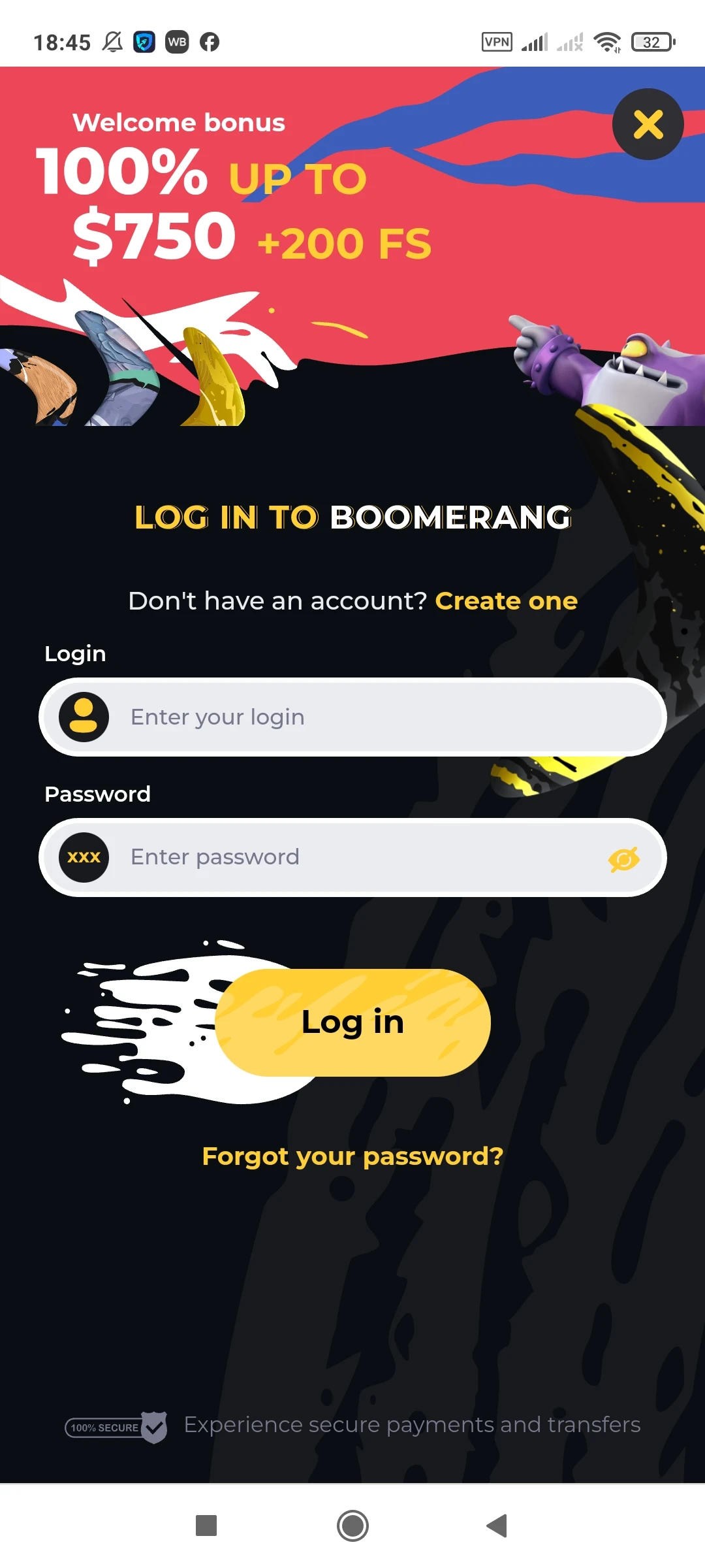 Login for the mobile version on Android from Boomerang Casino.